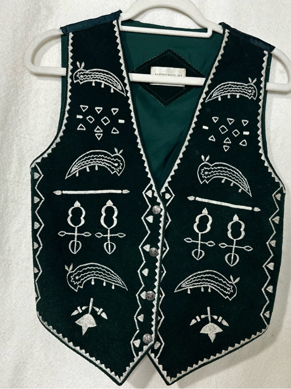 Native American Vintage Pictograph Green Leather Vest Women's Size M Bohochic